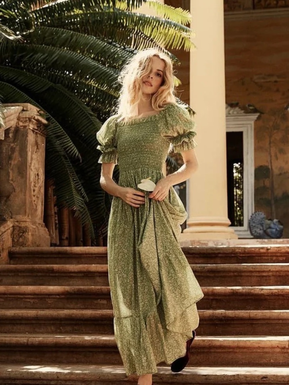 Caara Colette Smocked Puff-Sleeve Maxi Dress in Sage Green
